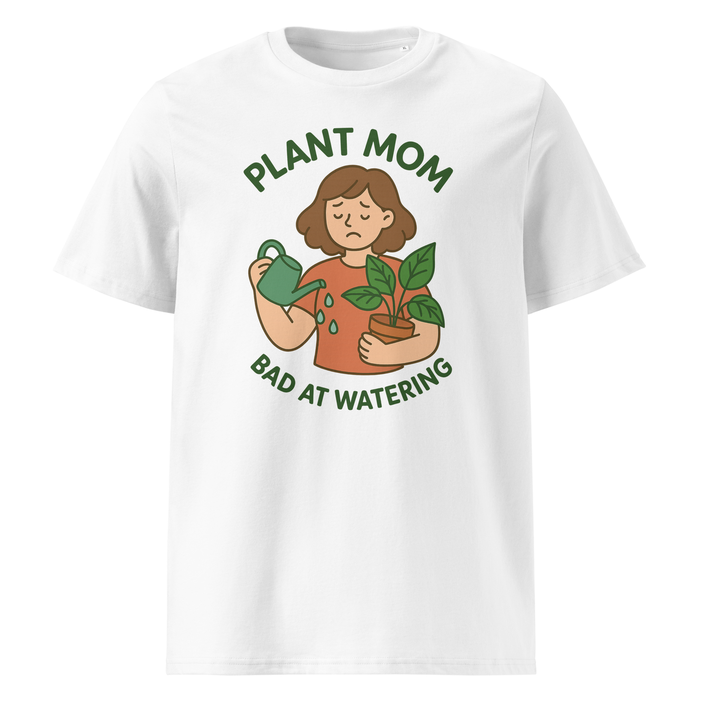 White t-shirt with a graphic of a person holding plants and text 'Plant Mom Bad at Watering' on a white background